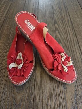 Grazia from Spain Red Suede Flower Slingback Flat Espadrilles Sandals
